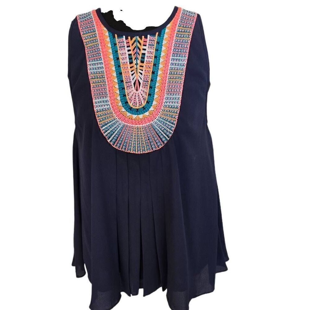 Ranna Gill Womens Embroidered Lined Sleeveless Boho Swing Top Navy Blue Small